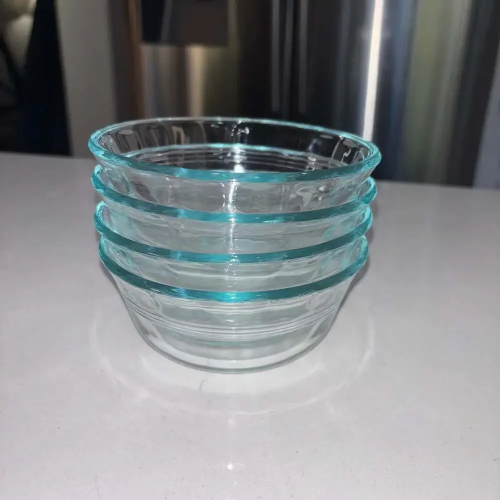 Pyrex 464 10 oz Aqua Glass Scalloped Rim 3 Ring Custard Cups Ramekins (4)
